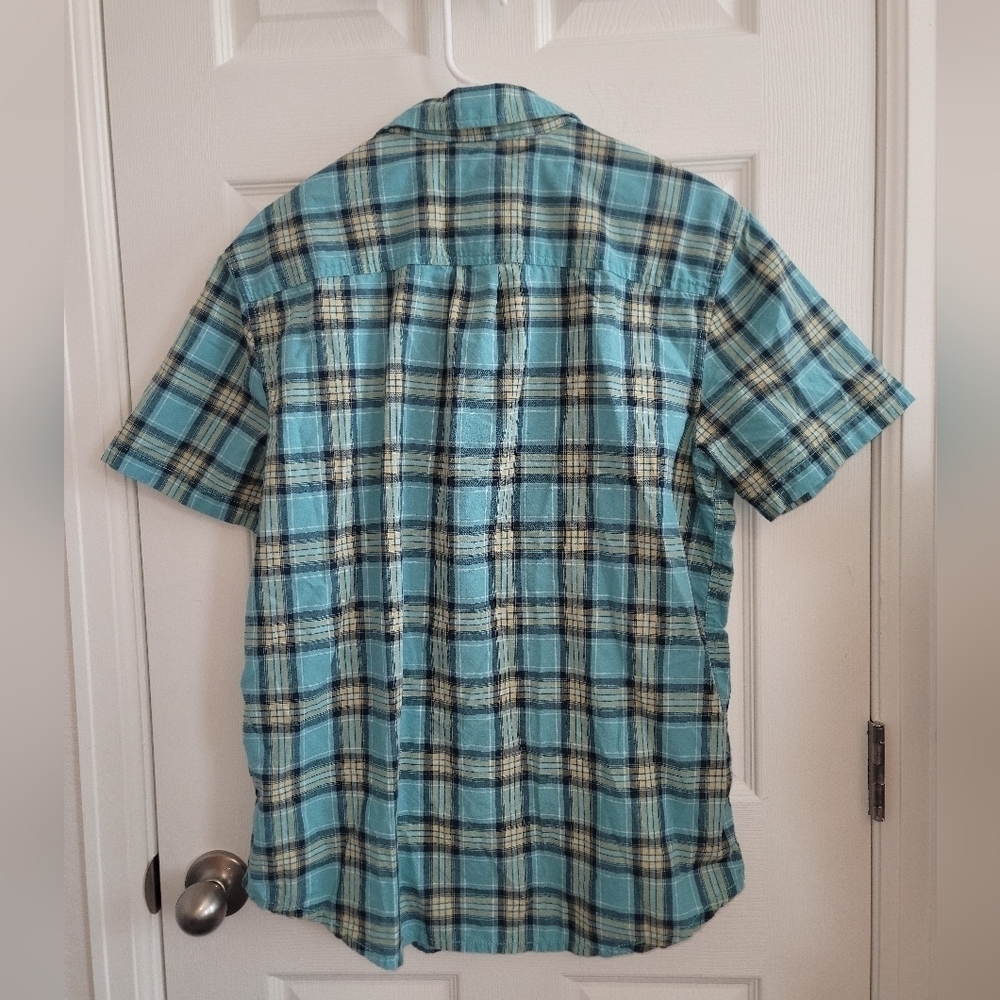 Mend PrAna shirt GRADEN Collared Short Sleeve Button Up Plaid Teal SZ L - Picture 2 of 8